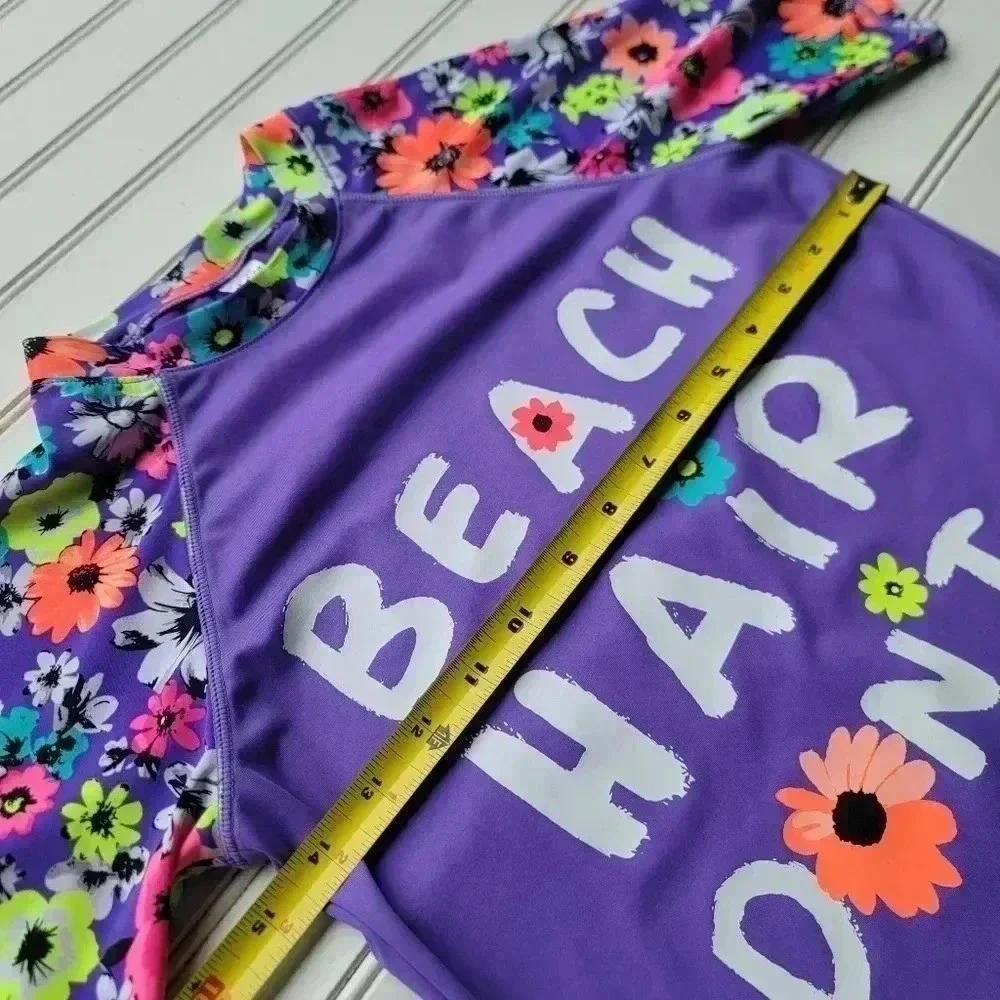 Justice Beach Hair Dont Care Purple Girls Surf Rashguard Swim Shirt Floral Sz 14